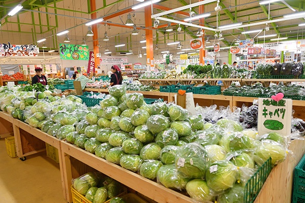 開店前の店内には、出荷者によって野菜や果物が山のように詰まれる(写真=水野浩志)
