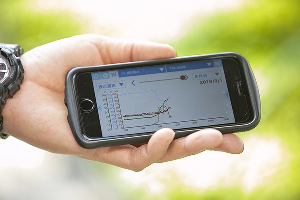 生産者はスマートフォンのアプリから、センサーデータをいつでも確認できる