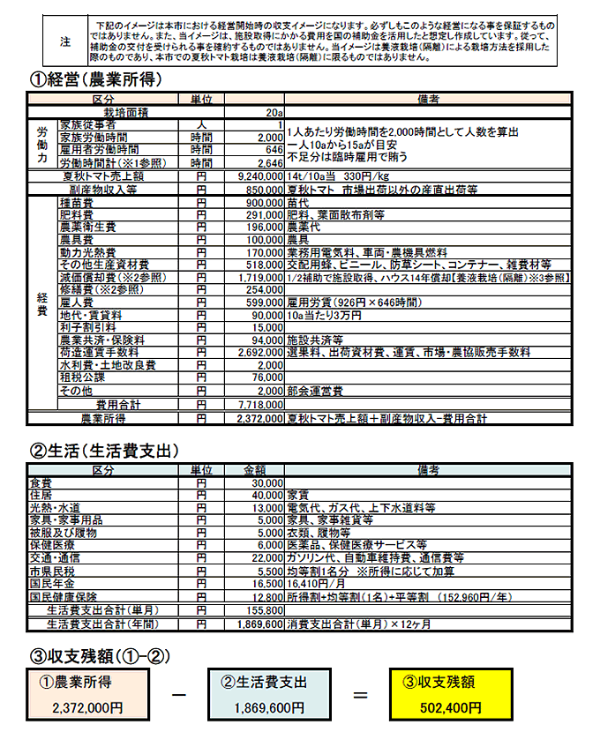 新城市でトマト栽培経営を始める場合の、初年度収支イメージ(単身経営のケース)
