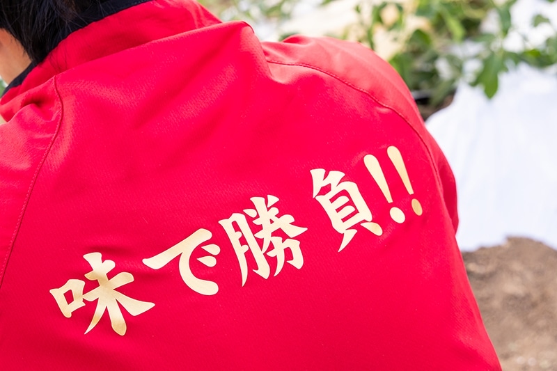 小串トマト組合オリジナルのジャケット、その裏には力強くシンプルな言葉で、ブランドのこだわりを表現する