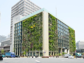 パソナグループ本部が入るオフィスビル。東京駅八重洲口からほど近いところにある緑のランドマークだ。応接室では大玉トマトを育てている