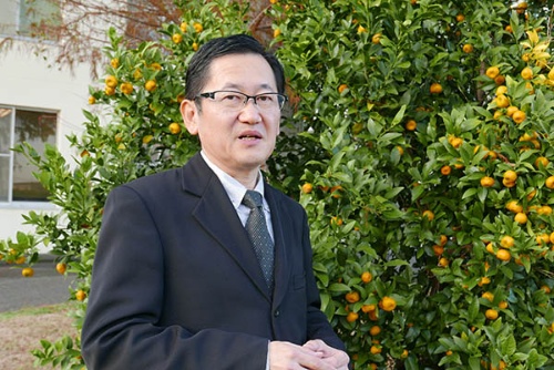 柑橘類の中でも特に古い品種タチバナ(橘)の前で説明する清水氏。育種を進めて行く上でこのタチバナに強い興味を持っているという。古来より「左近の桜、右近の橘(京都御所の庭に対で植えられている桜とタチバナ)」と言われ、柑橘という言葉の中にもその名を残す。このタチバナ、実は1種類ではなく、3種類あり、それぞれが重要な子孫を産み出していることが最近わかった。「花柚子 (ハナユまたはハナユズ)」「ヒュウガナツ(日向夏)」「オウゴンカン(黄金柑)」などは、3系統のタチバナの子孫だ。(写真:高山和良)