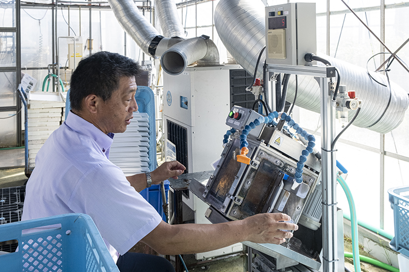 京丸園が導入したトレー洗浄機。「障がい者が働けるように、仕事や作業を工夫することから、生産現場が変わっていく」と語る鈴木社長（写真：廣瀬貴礼）