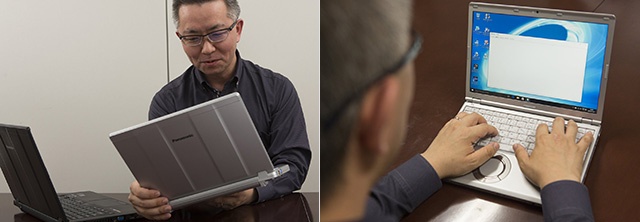 「レッツノート SZ5」の軽さに驚く名和氏。キーボードの出来栄えにも納得の様子
