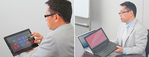 上下左右85度の広視野角を実現。プレゼン時や打合わせ時にも複数人で同時に画面確認ができる。