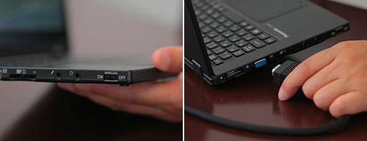 インターフェースには、VGAコネクタ、HDMI出力端子、Webカメラ、USB3.0ポート×2、さらにはワイヤレスLAN切り替えスイッチを備え、使いやすさを想定した装備をそなえている。