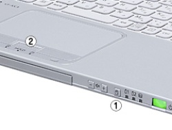 画面の自動回転を禁止する「ローテーションロックボタン(1)」とタッチパッド・キーボード操作を無効にする「HOLDボタン(2)」を装備。