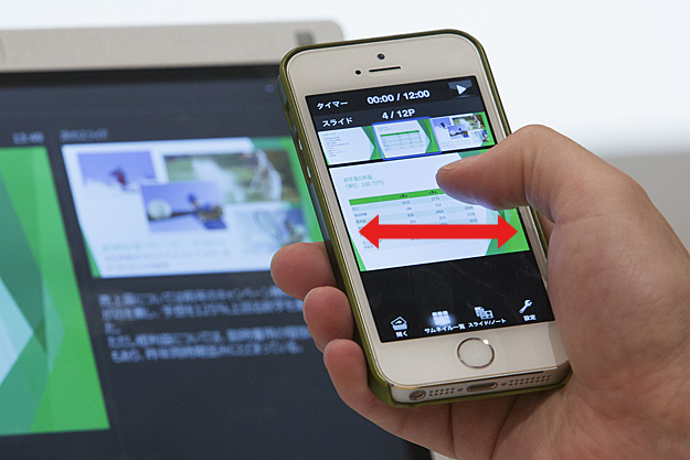 レッツノートとの間で接続が完了するとパワーポイントの画面がiPhone側のアプリに取り込まれ、スワイプでページ送りができる。