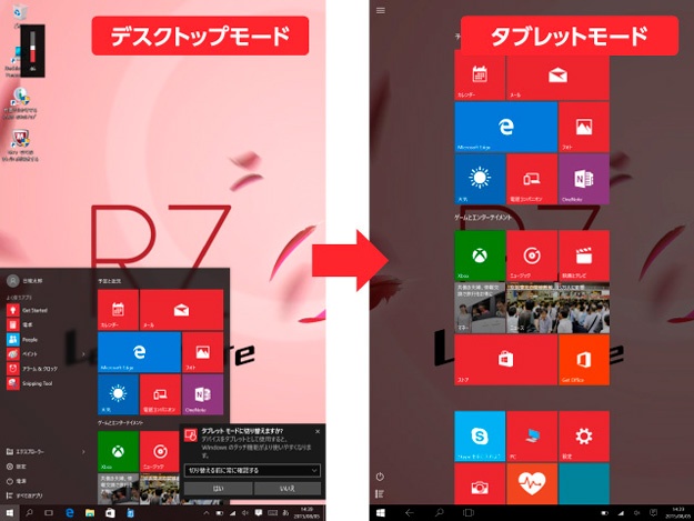 「レッツノートRZ4」をタブレットスタイルにすれば、画面はWindows 10のタブレットモードになる