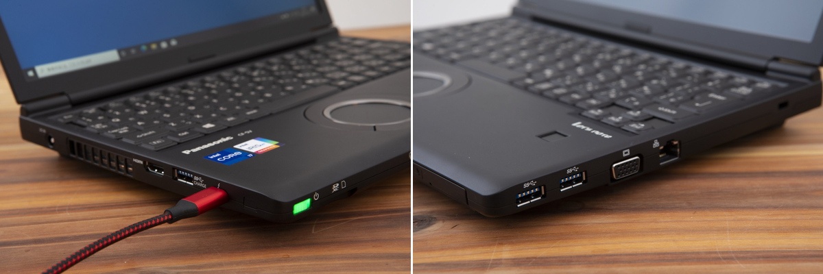 最新規格のThunderbolt4に対応したUSB 3.1 type-C端子のほか、USB3.0 type-A端子を3基(左側面に1、右側面に2)、HDMI端子、有線LAN端子、SDメモリーカードスロット、アナログRGB端子に至るまで、充実したインターフェースを搭載。