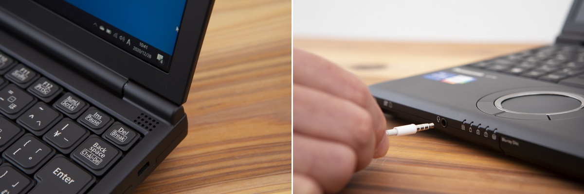 キーボード上部左右にはステレオスピーカーを備えている。ヘッドフォン/マイク端子も使いやすい前面にある。