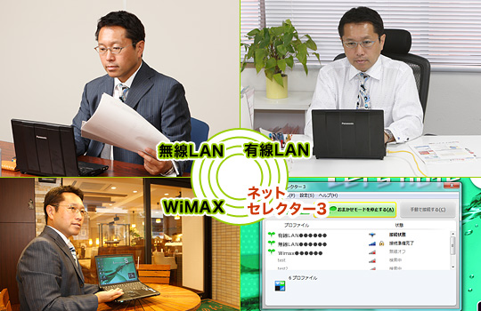 会議では─無線LAN。オフィスでは─有線LAN。外出先では─WiMAX。「ネットセレクター3」が自動的にプロファイルを切り替えるので、いちいち接続設定を変更する面倒がない。