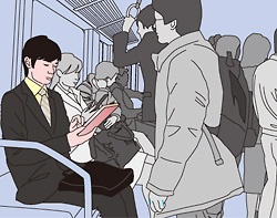 込み合った電車内でもタブレットスタイルなら情報収集やメールチェックが難なくできる