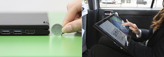 直径2センチの1円玉と比較してもこの薄さ(写真左)/移動中の社内ではタブレットスタイルで機動力を発揮(写真右)