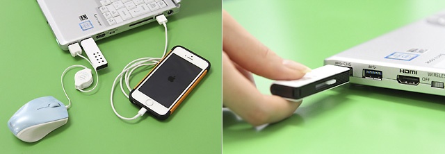 マウスで作業効率を高めながらUSBメモリを使い、その間にスマホも充電できる(写真左)。ボディの厚みがあるので、USB端子への抜き差しがしやすい。