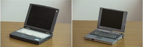 左は1996年に発売された記念すべき“初代レッツノート”の「AL-N1」。右は1998年に発売になった「CF-33」。ヒンジ部にカメラユニットや携帯電話を接続できる変わり種レッツノートだった。