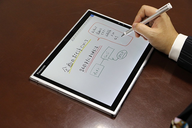 CPUなどの基本性能が高いからこそ、スムーズな手書き入力がビジネスに活かせる。オプションのペンは筆圧感知もでき、細かいメモもストレスなく取ることができる。