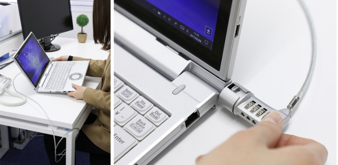 セキュリティワイヤーで本体をロックするとタブレットの分離ができなくなる。盗難防止対策も万全だ。