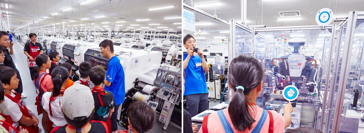 基板製造ラインでは画像認識技術を活かし、高品質化への対応だけでなく、人手不足への対策も目指している(左)。参加者とジャンケンをする双腕ロボット(右)。人と同じような動きをするロボットに子供たちは驚きの声を上げていた。