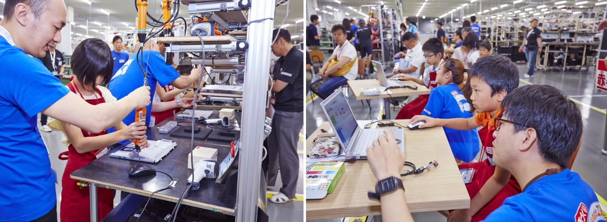 電動ドライバー教室ではビス締めを体験（左）。2020年から小学校でプログラミング教育が必修化されることもあり、今年はプログラミング教室が実施された（右）。