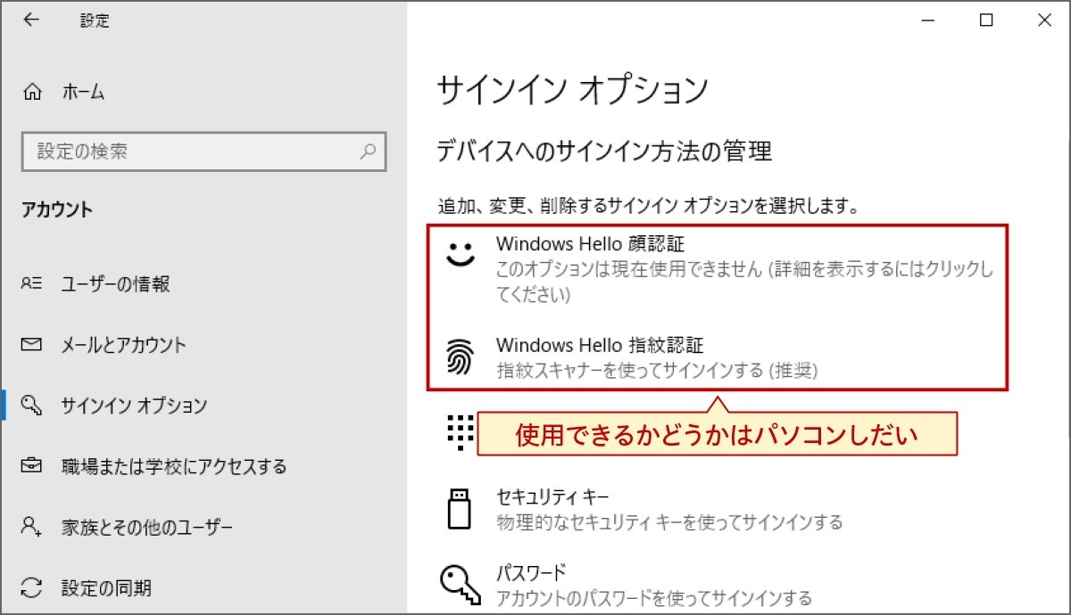「Windows Hello」で可能になる顔認証や指紋認証といったセキュリティ対策も、対応する機器を搭載したパソコンでないと使えない。