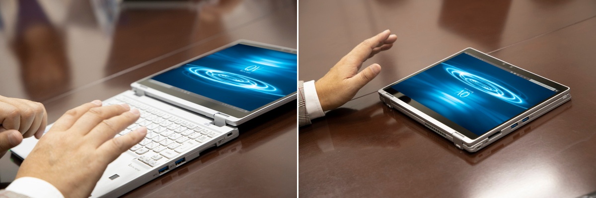 180度画面を倒したり、タブレットして机に置いたり、またスタンドモードそして画面だけ自分に向けたりと、様々なスタイルでも使える2in1モバイル。