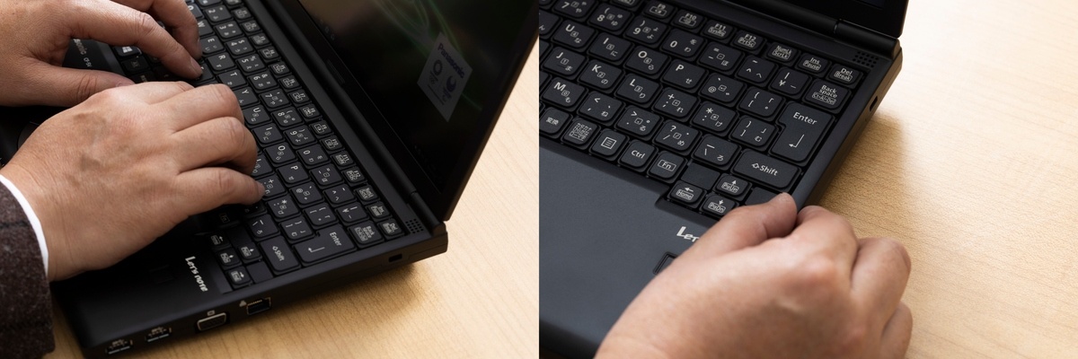 「SV9」のキーボード性能を試す戸田氏。「SV9」は2mmのキーストロークを維持している。ボディの端まできっちりキーボードを入れている（右）。