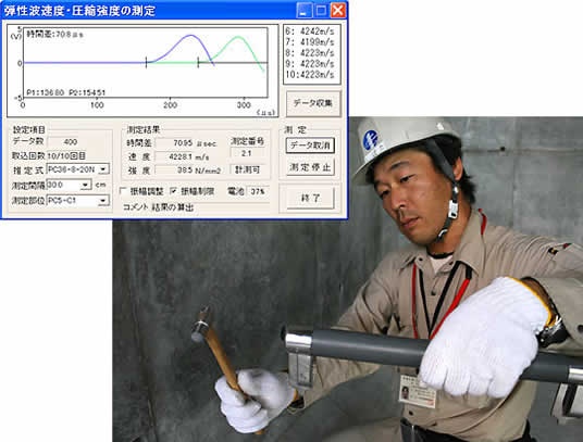 ハンマーでたたくことによって発生する弾性波は振動検出器(右)に取り付けられた2個の振動センサーをごく短い時間差で通過する。タフブックはその時間差を1000万分の1秒単位で計測し、弾性波速度を計算する(左)(左の画像:三井住友建設)。