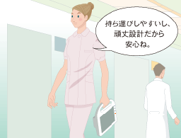 持ち運びに便利なハンドルを装備。またタフブックならではの耐衝撃、防塵・防滴性能を備えている。