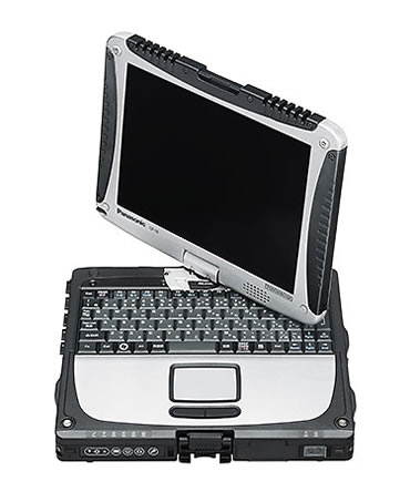 タフブックCF-19 10.4型モニターを搭載したコンパクトなタブブック。タブレットモード手持ち操作にも車載にも適しており、応用範囲が広い。タッチパネルはペンのほか、手袋をはめたままの手でも操作できる。