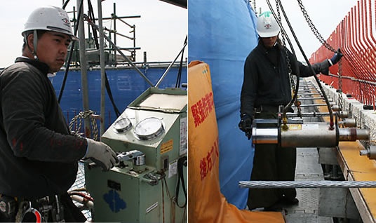 油圧ジャッキを操作する作業員(左)とケーブル先端の伸びを測定する作業員(右)。オレンジ色のマットは“防弾チョッキ”のように頑丈な素材で作られている。
