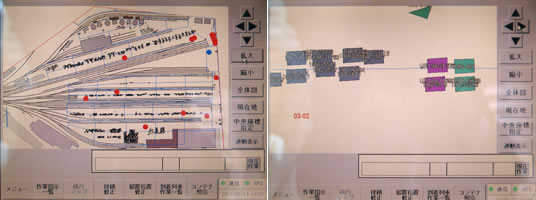 「IT-FRENS&TRACEシステム」の画面。縮小・拡大することで駅構内の全体図（左）や各コンテナの位置や番号（右）などをリアルタイムで確認できる