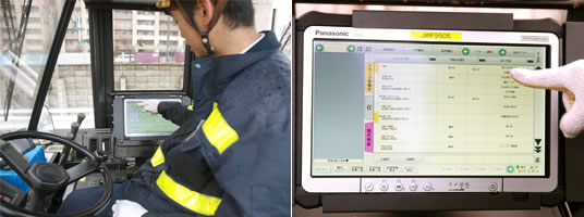 軍手をはめたままでもタッチパネル操作でコンテナ荷役作業に必要な情報がリアルタイムで得られる。高輝度液晶を使用しているため、西日が差し込む時間帯でも安心だ