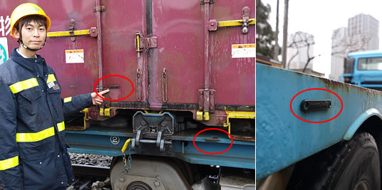 コンテナや貨車、トラックにはRFID（赤枠内）が設置され、コンテナの積み卸し時に情報を読み取る