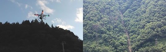 落石の原因調査のために飛び立つ無人ヘリ(左)。上空から撮影した写真には落石の原因となった岩が斜面上に何個も見つかった(右)