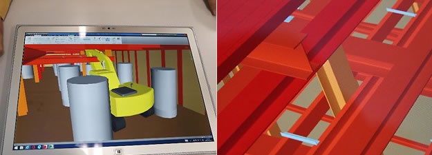 CIMを使った施工方法の検討。ショベルカーのアームが切り梁に当たることが判明(左)。4Kの高解像度モニターは細部までくっきり(右)