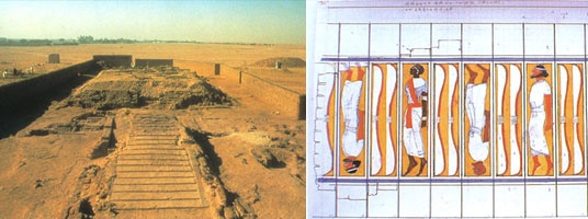 1974年1月、ルクソール西岸のマルカタ遺跡で発掘された彩色階段(左)と、その復元図(右)。日本の調査隊の発掘成果が、はじめて世界へ配信された。