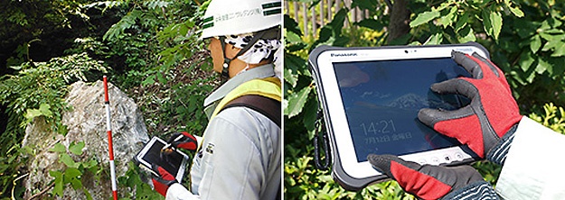 TOUGHPADなら手袋をしたままでもタッチ操作が可能だ。(中央復建コンサルタンツ様・調査現場での活用事例より。2013年取材)